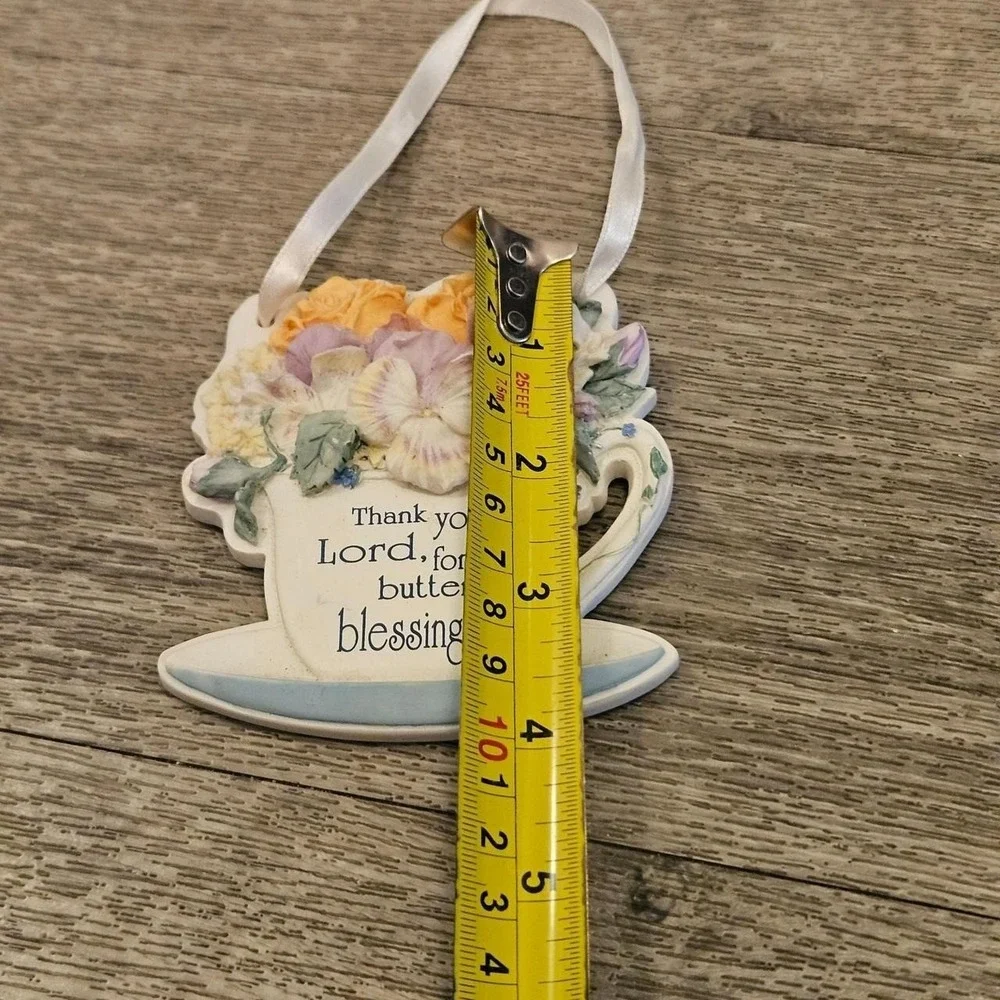 Vintage Enesco Sign Times tea cup ornament with flowers artwall hanging decor